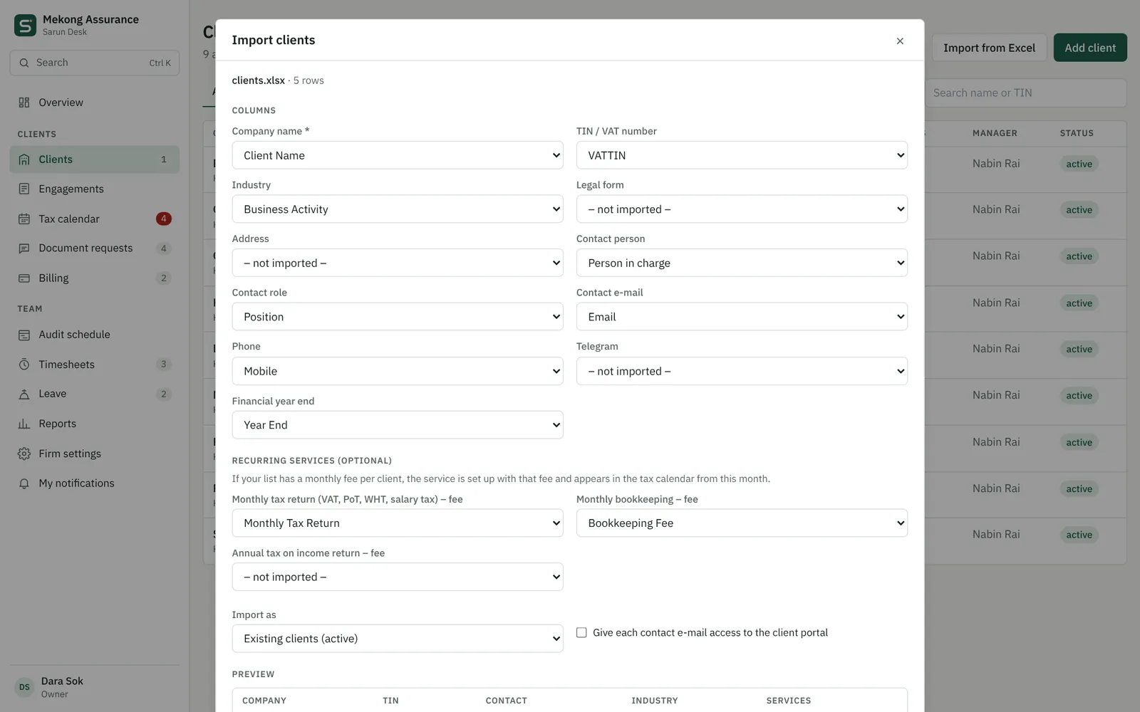 Import dialog with columns matched automatically and a preview of the clients to import