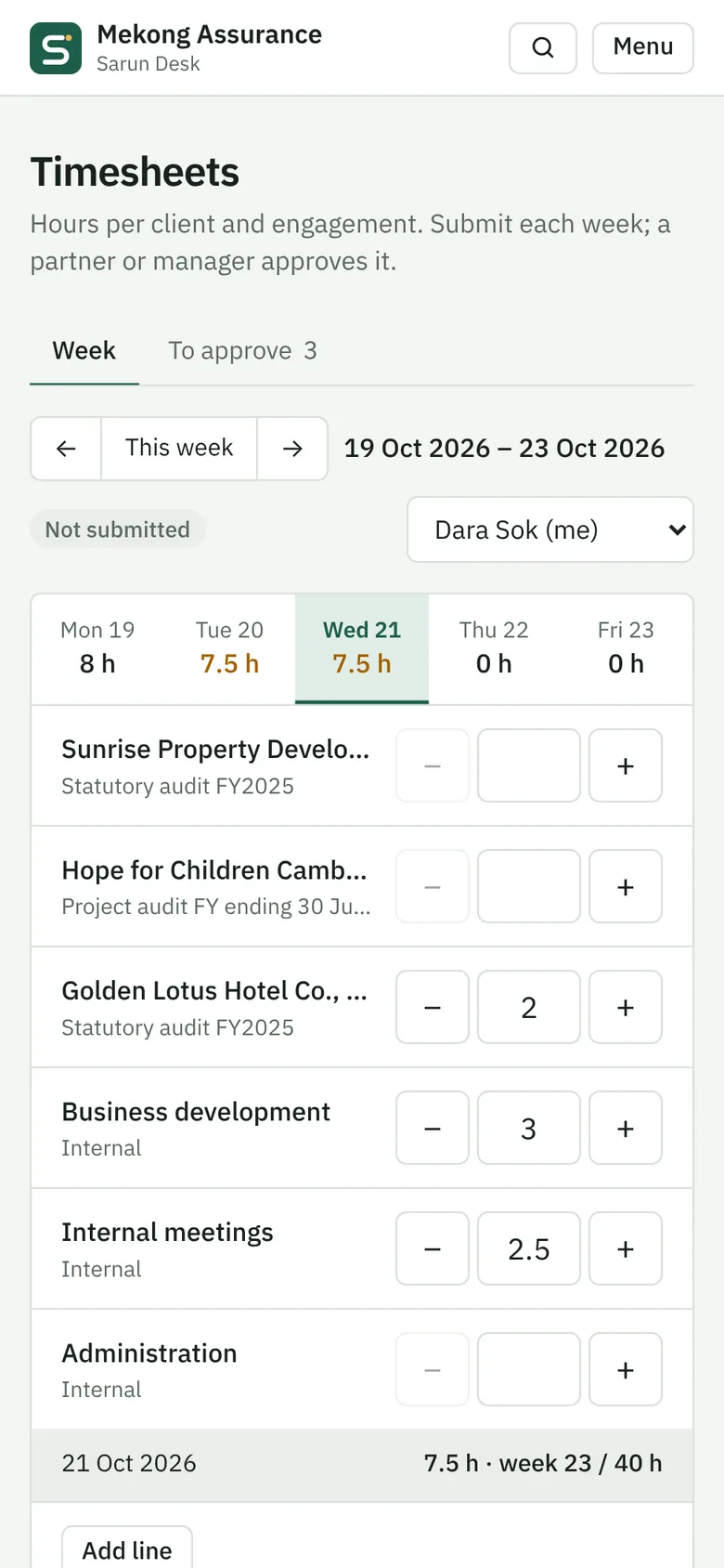 Timesheet on a phone: days of the week and hours per engagement with plus and minus buttons